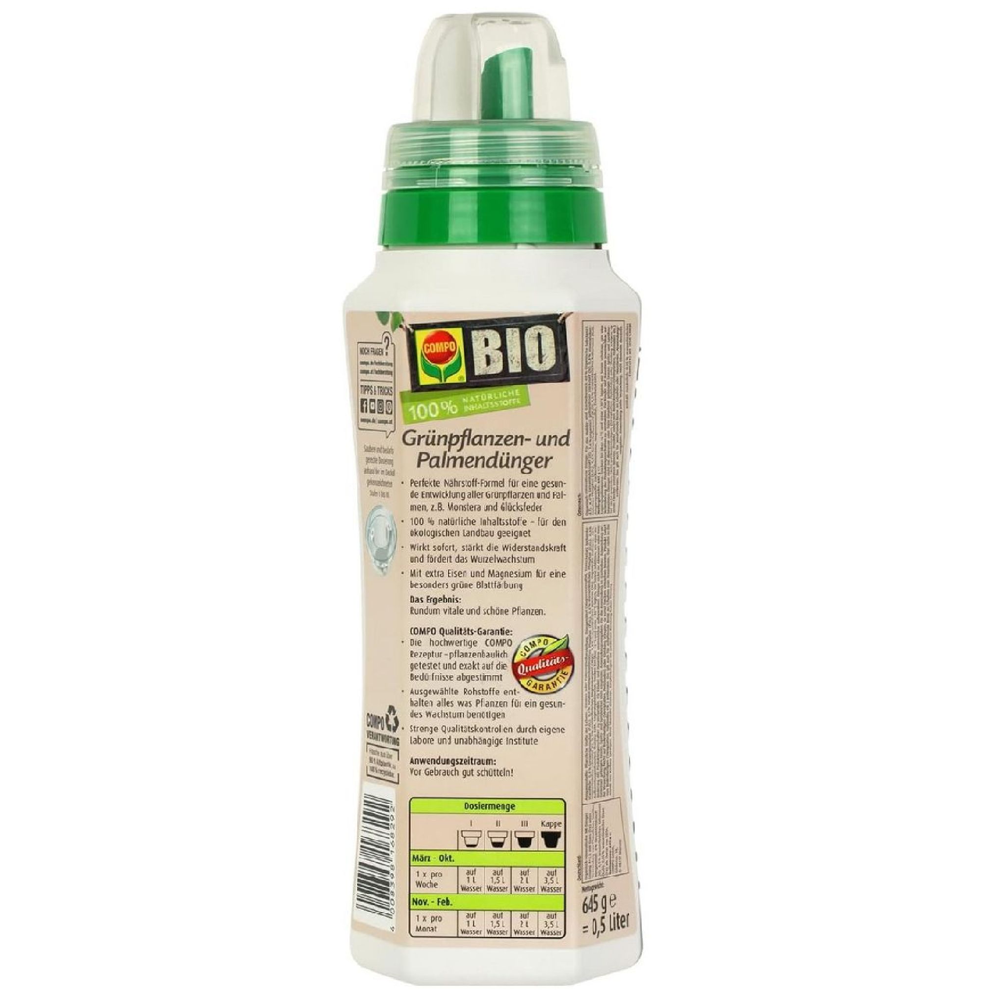 COMPO BIO Grnpflanzendnger und Palmendnger, 100% natrliche  Inhaltsstoffe, Flssig-Dnger, 500ml